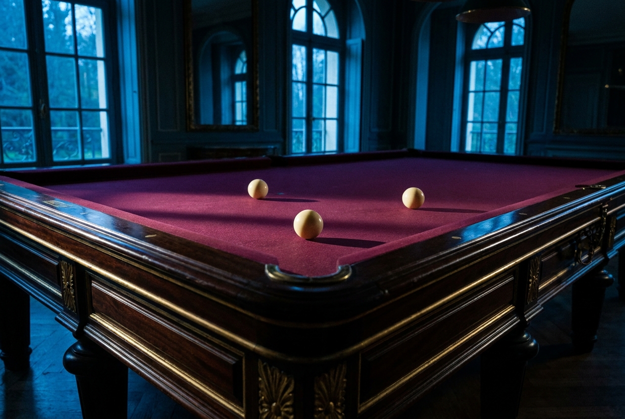 Détail du tapis vert et des billes colorées sur une table de billard